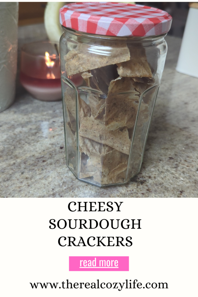 pin-able image of sourdough crackers in a jar